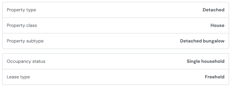 Table showing property details: type is detached, class is house, subtype is detached bungalow, occupancy status is single household, and lease type is freehold.