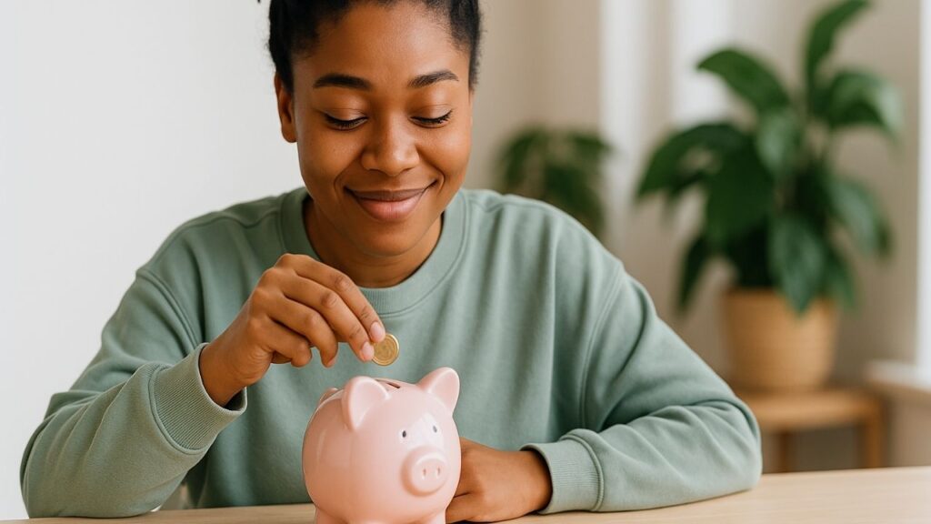 woman placing coin into a saving piggy bank