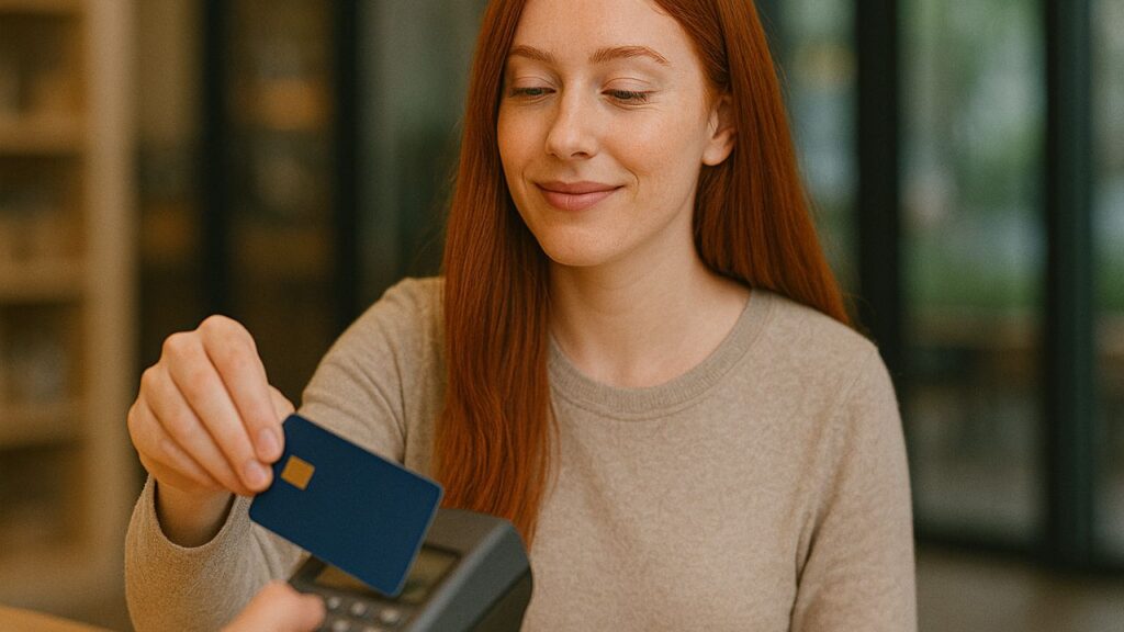 woman using contactless payment with credit card