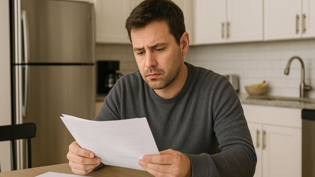 man sat at table looking at household bills