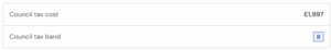 Table showing annual council tax cost of £1,997 with the property listed in council tax band B.