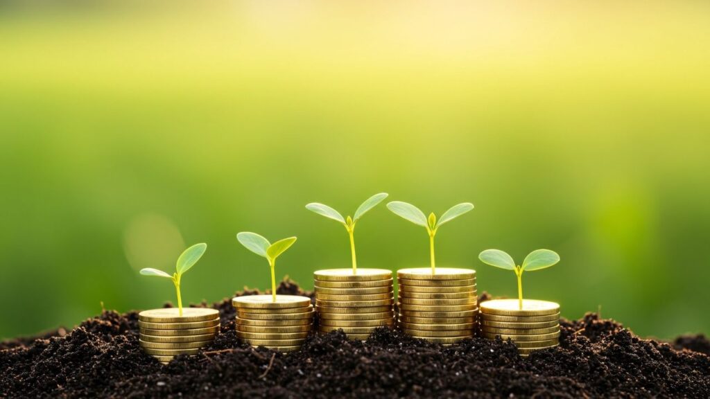 Stacks of coins growing in height from left to right, each topped with a small green seedling, symbolising financial growth to double lending for credit unions