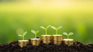 Stacks of coins growing in height from left to right, each topped with a small green seedling, symbolising financial growth to double lending for credit unions