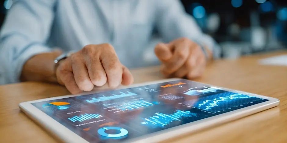 Person reviewing dashboard on a tablet showing charts and analytics