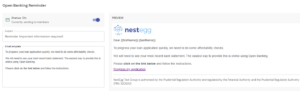 Screenshot of NestEgg's Decision Engine Open Banking Reminder email template, showing the editor and a live preview with a "Progress my application" call-to-action link.