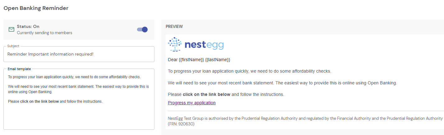 Screenshot of NestEgg's Decision Engine Open Banking Reminder email template, showing the editor and a live preview with a "Progress my application" call-to-action link.