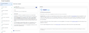 Screenshot of NestEgg's Decision Engine email template editor, showing a template with subject line and body text editable alongside a live preview.