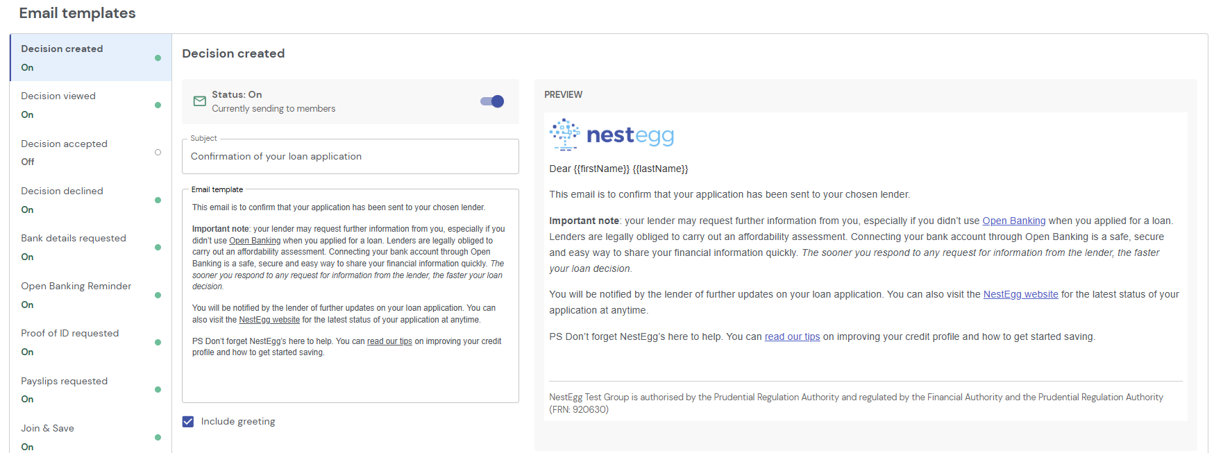 Screenshot of NestEgg's Decision Engine email template editor, showing a template with subject line and body text editable alongside a live preview.