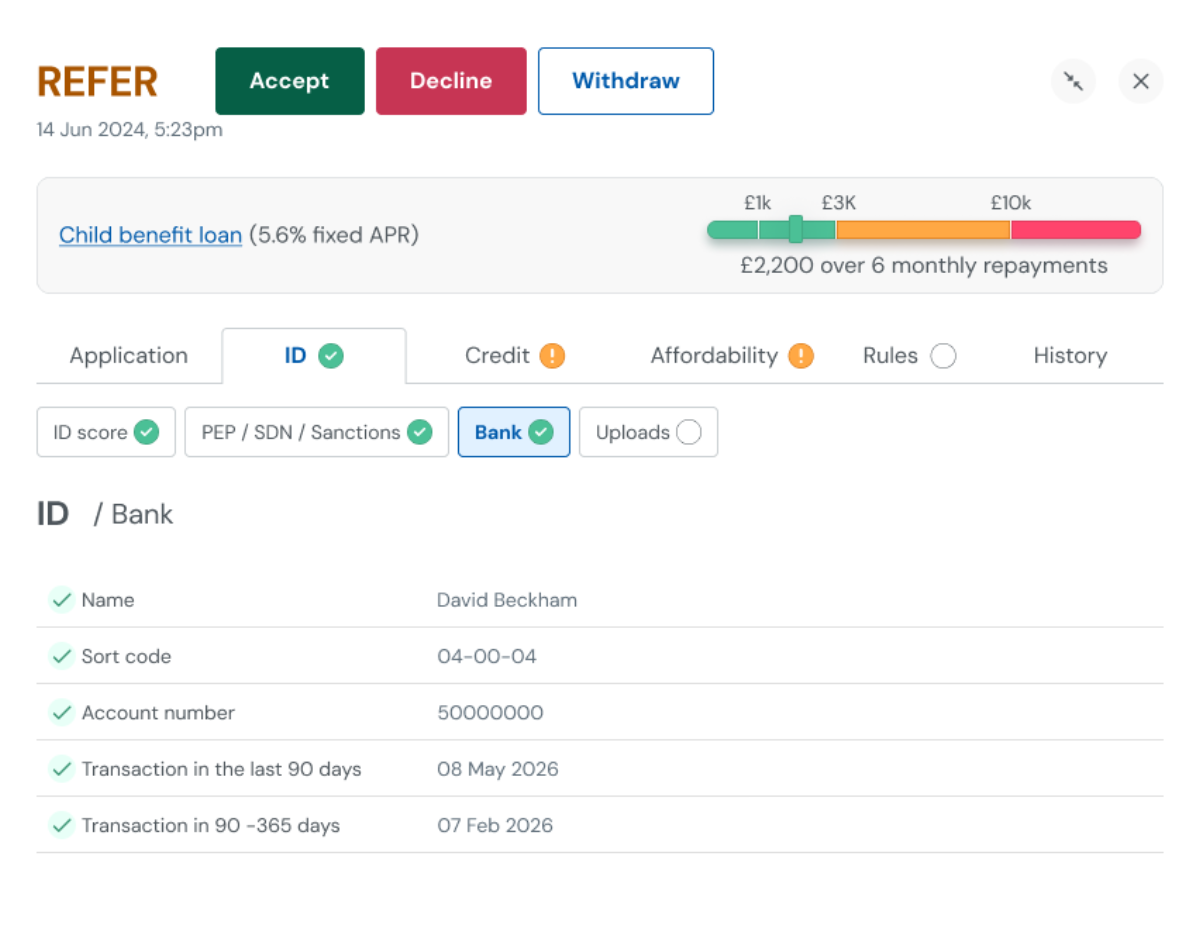 Bank Ownership check tab showing account name, sort code, account number, and recent transaction history checked against the applicant's declared details, on an application flagged Refer.