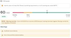 ID score of 60 (rated Good, above the Accept threshold), but the outcome is overridden to Refer due to insufficient source diversity and the applicant not appearing on the electoral roll at their declared address.